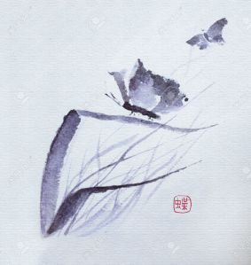 pintura japonesa  Flores de mariposa acuarela tradicional japonés