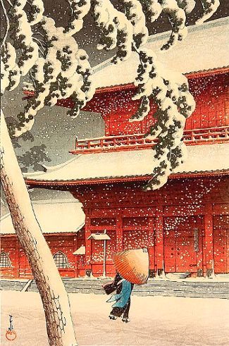 Nieve en el templo de Zojo, de Hasui Kawase, artista japonés de ukiyo-e.