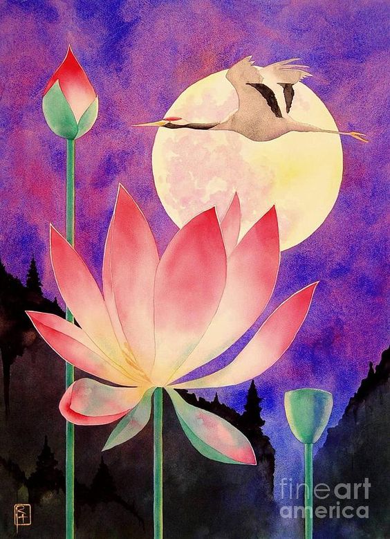 Lotus And Crane Painting by Robert Hooper